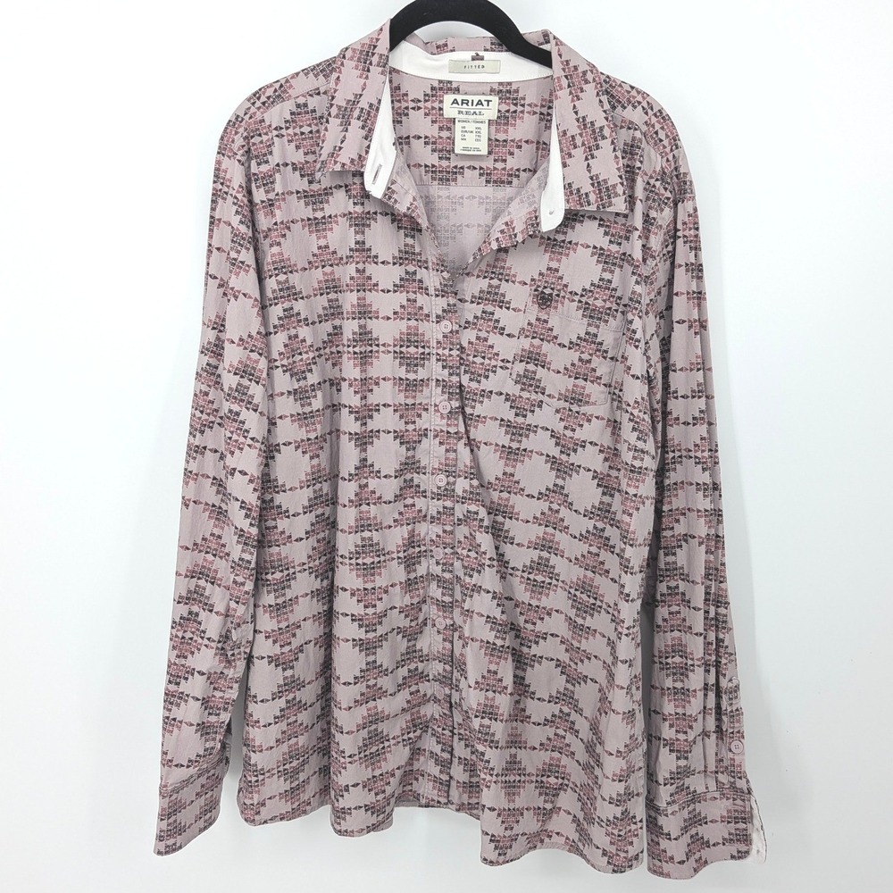 Ariat Button Down Shirt Women XXL Pink Geometric Southwestern Fitted Long Sleeve
